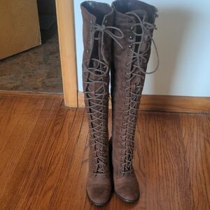 Elegant Brown Over the Knee Lace-Up Boots